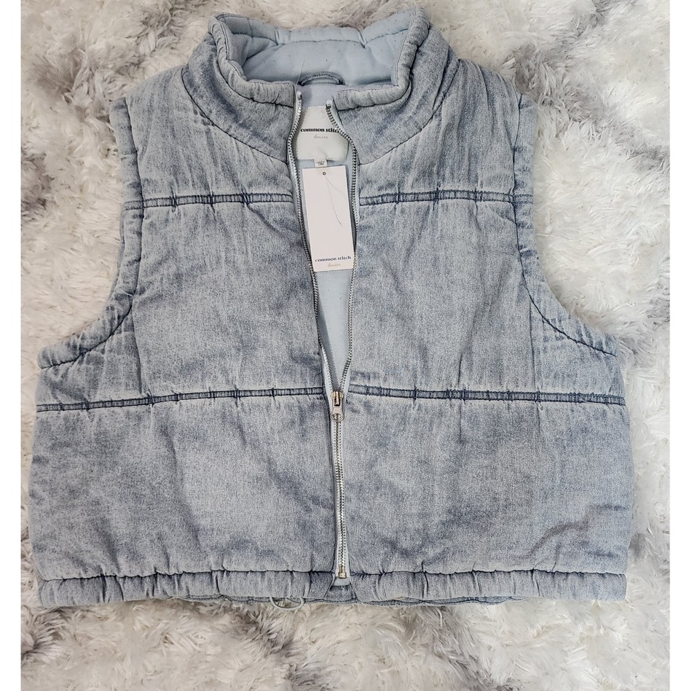 Common Stitch Denim Quilted‎ Puffer Sleeveless Full Zip Vest Light Blue Size M